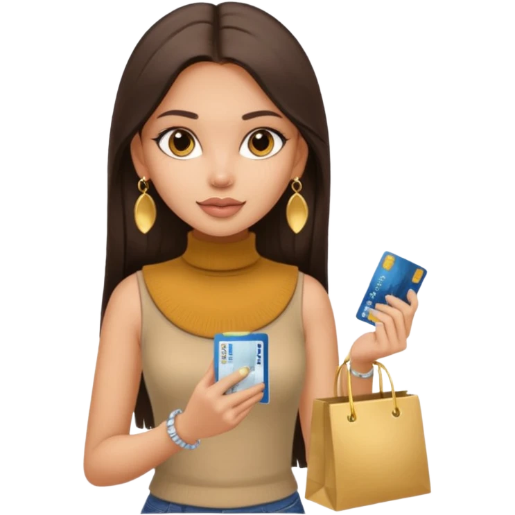 a pretty bratz fair indian girl wearing a beige sleeveless turtleneck, golden earrings, straight ling hair, holding bank cards, dark brown hair, carrying shopping bags emoji