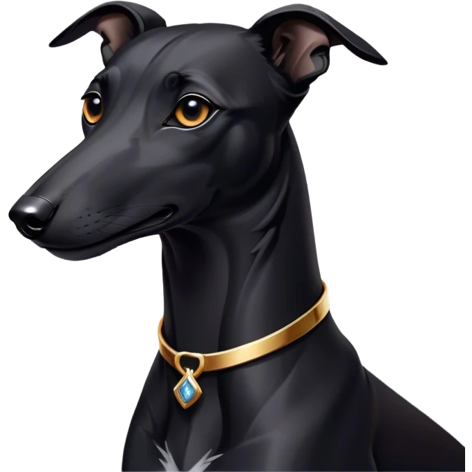 Cinematic Noble Black Greyhound Portrait Emoji, Poised and regal, with a lean, graceful build and a sleek, jet-black Fur, deep-set soulful dark eyes, Simplified yet sharp and sophisticated features, highly detailed, glowing with a soft, dignified glow, high shine, intelligent and swift, stylized with an air of elegance, focused and attentive, soft glowing outline, capturing the essence of a watchful and commanding racer, so majestic it feels as though it could sprint out of the screen with effortless authority! emoji