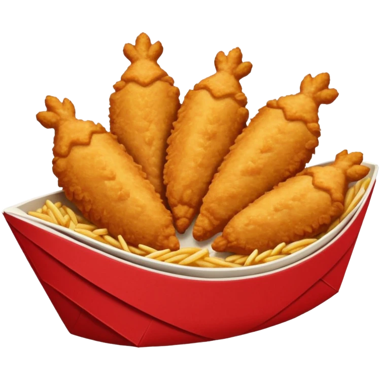 Five delicious breaded irregular chicken tenders in a red paper food boat emoji