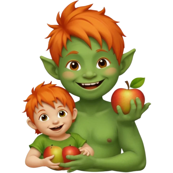 troll with wild hair holding a giggling toddler, apple emoji style emoji