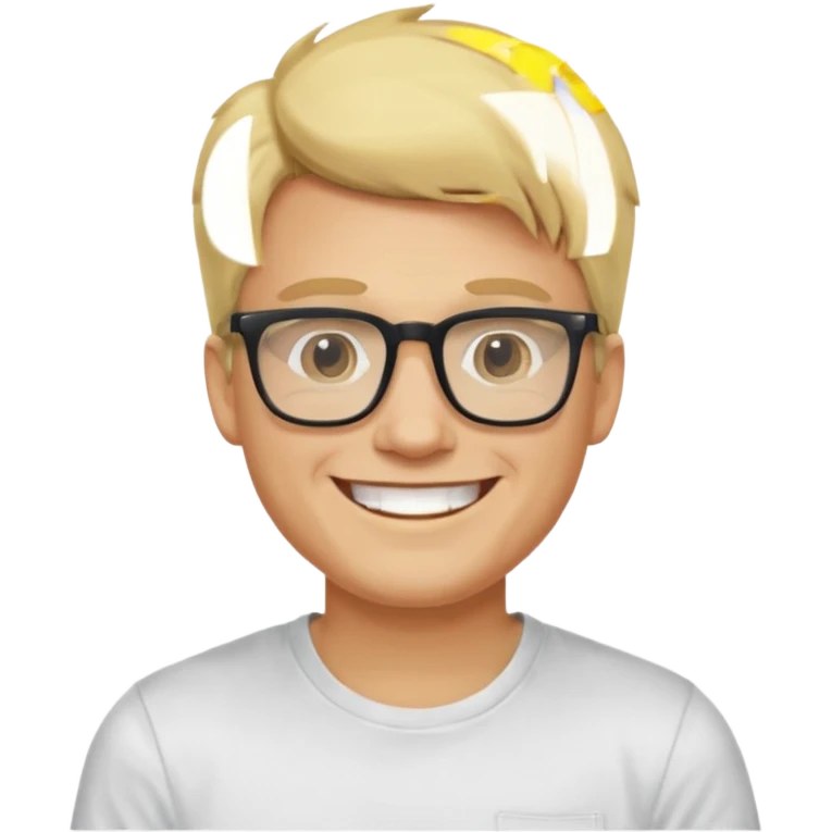 portrait of adult man no old man, wearing a t-shirt, square glasses, grinning face, blond hair emoji