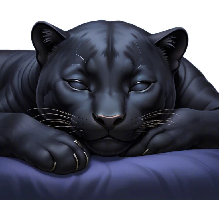 Meme-Worthy cute Sleeping black Panther Portrait Emoji, Head resting peacefully with a contented smile, showcasing a luxuriously sleek form and eyes gently closed in serene slumber, Simplified yet comically adorable features, highly detailed, glowing with a soft, drowsy dark light, high shine, relaxed and utterly lovable, stylized with an air of playful laziness, bright and heartwarming, soft glowing outline, capturing the essence of a sleeping black Panther that feels destined to become the next viral icon of adorable rest! emoji