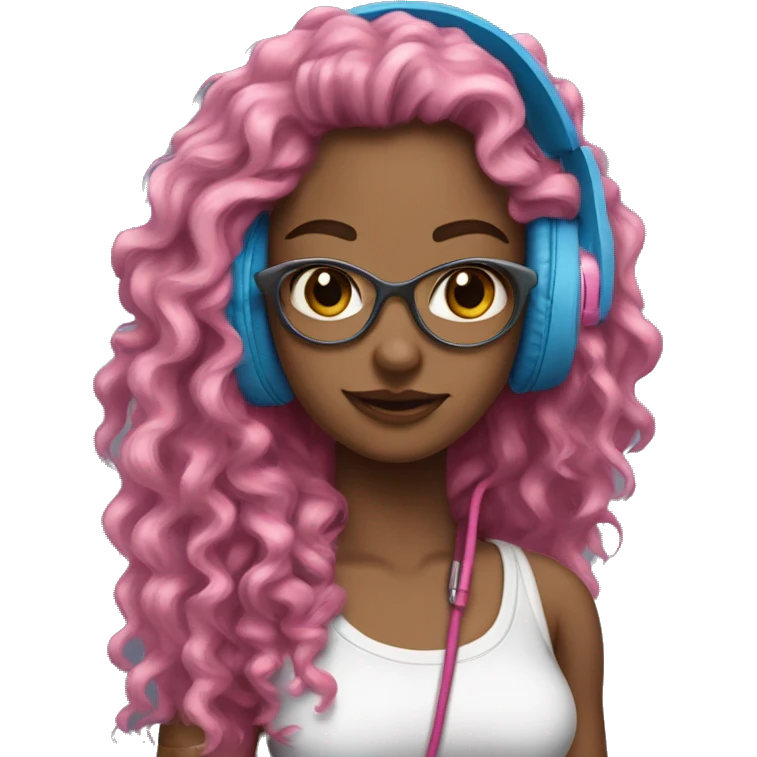 hotgir; rock; leather; girl; pink and blue long curly hair with headphones realisitc white skin  emoji