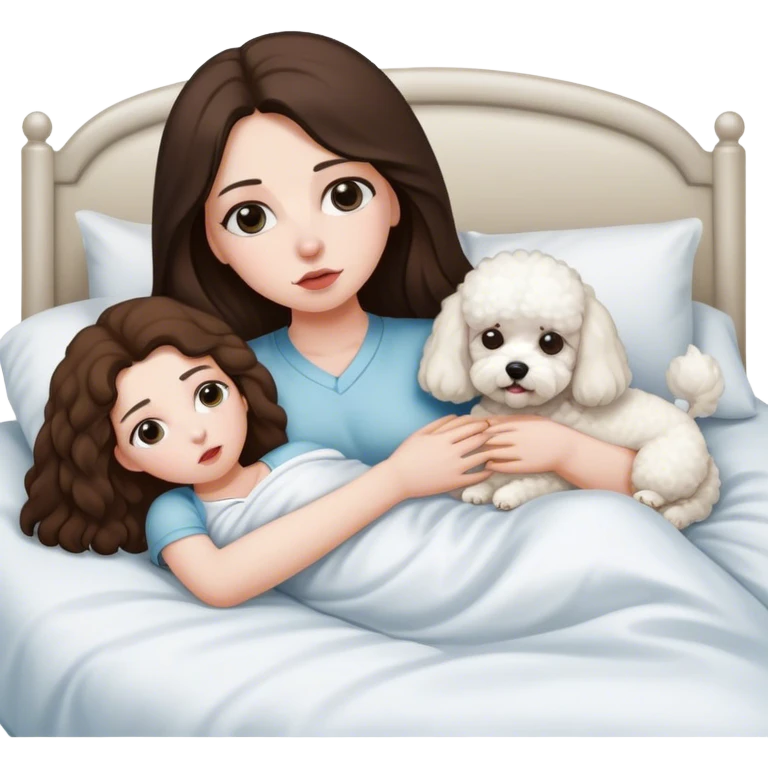 Brunette Long hair sick in bed with bichon frise dog emoji