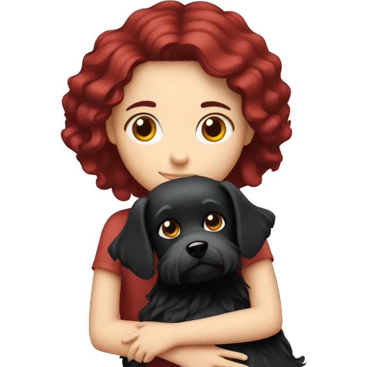 Dark red hair girl hugs  her maltese black dog emoji