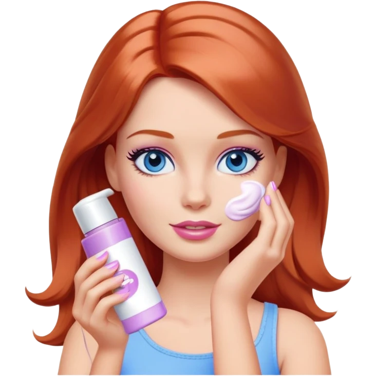 Barbie girl Chestnut-red Shoulder-length hair and blue eyes is In pale purple applying cream on face emoji