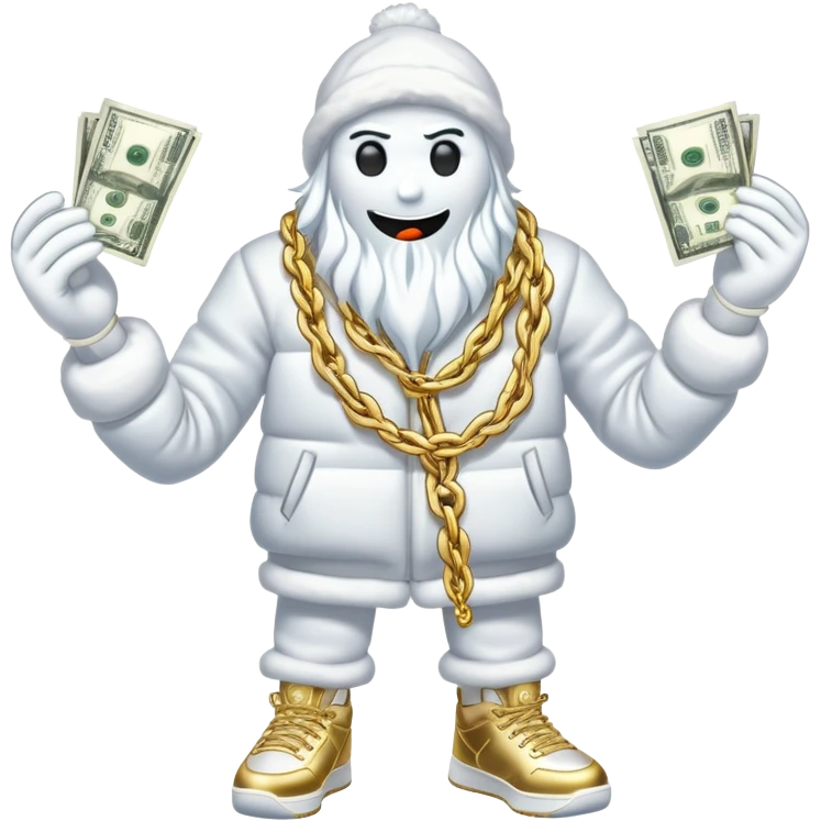 Snow elemental shaped more like a human—think tall, jointed limbs, maybe even facial expressions made of snow flaunting money wearing gold rope chain with jacket and Jordan sneakers emoji