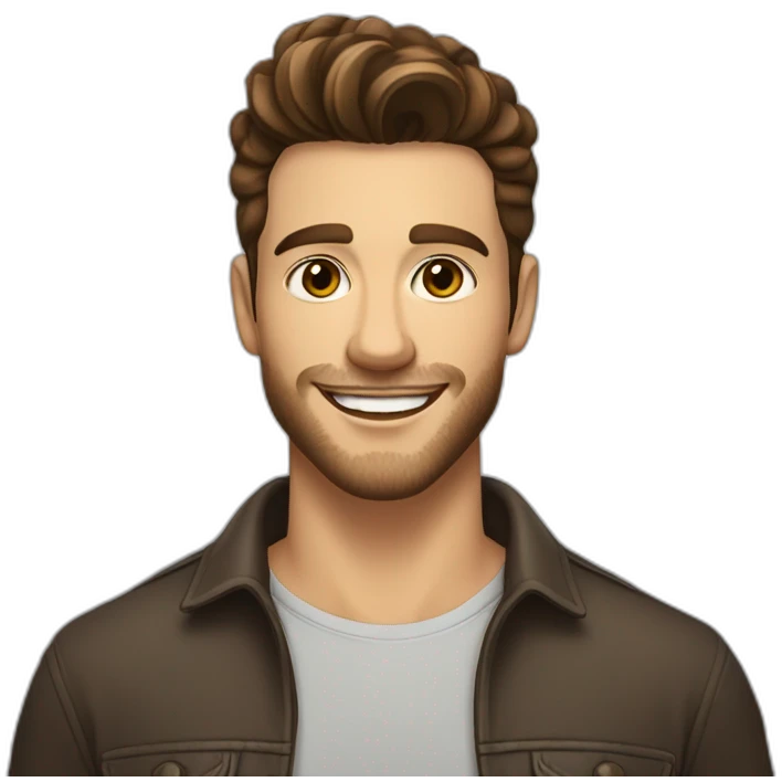 young man with short beard smiling medium long curvy rockabilly style brown hair with light skin and dark brown eyes emoji