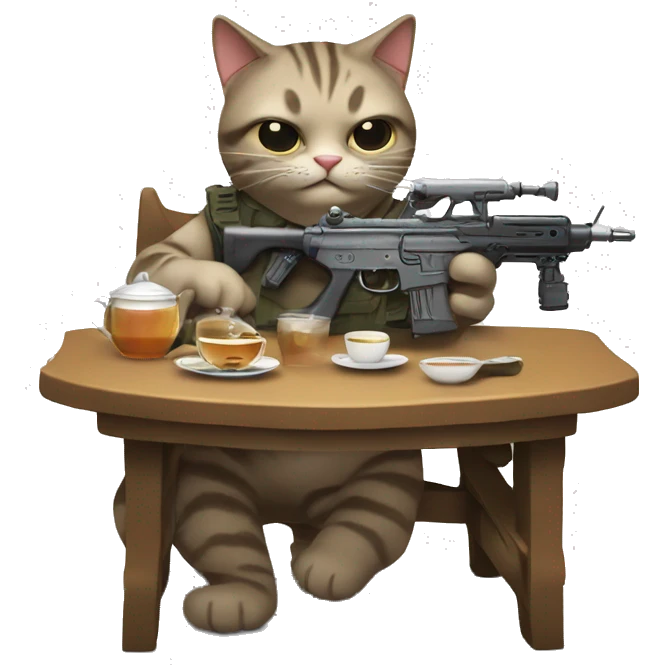 cat spilling tea with machine gun emoji