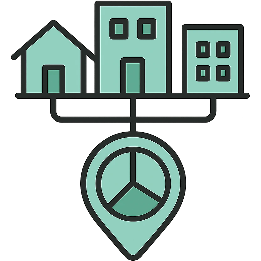 Local community buildings connected by network lines, map pin with districts, fluid dimensional design, techy style, black outlines with mint green #B5F4D3 fills emoji