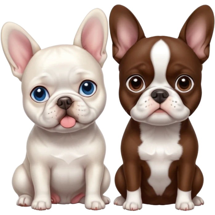 All pure White French bulldog with blue eyes sitting next to brown Boston terrier emoji