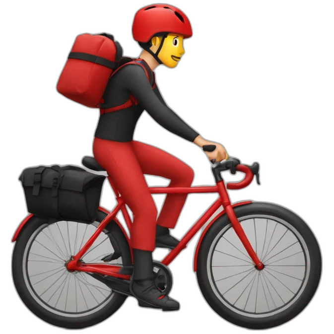 Garçon en tenue rouge sur un vélo noir vélo avec un sac tout rouge cubique, carré emoji