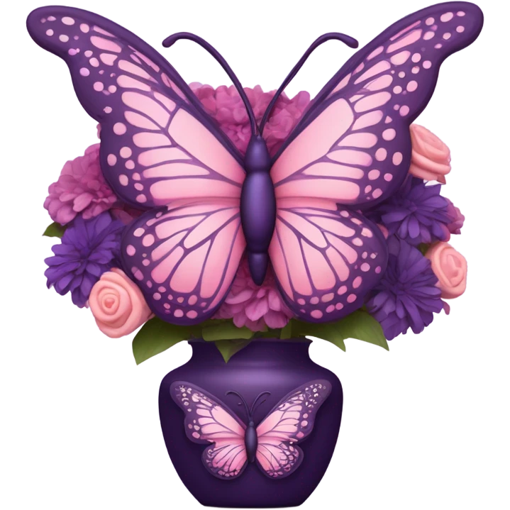 Aesthetic butterfly with purple and pink wings sitting on a dark purple bouquet of Brats in a pastel pink vase  emoji