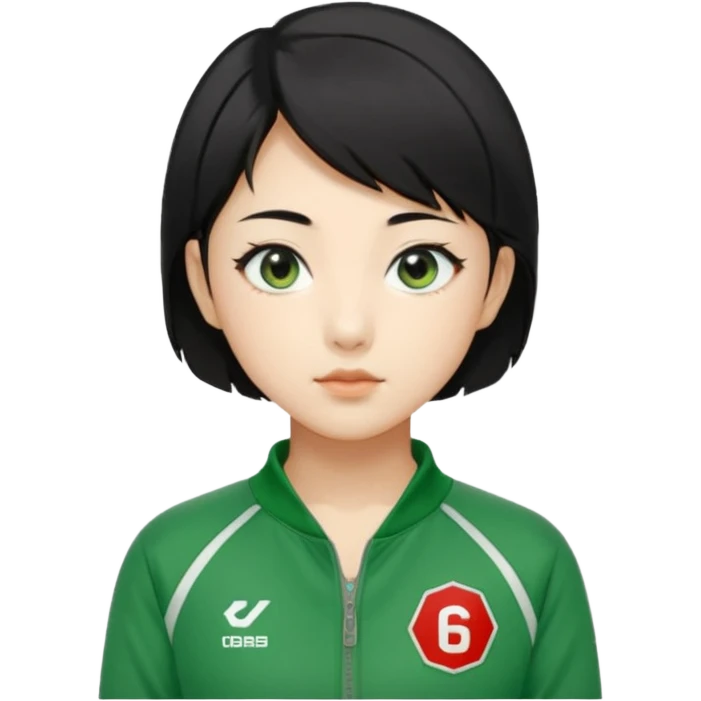 Create Kang Sae-byeok (Player 067), Korean female, short layered black hair, sharp eyes, green tracksuit with number 067 patch on chest. emoji