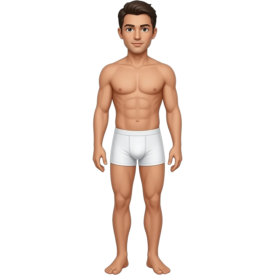 A man wearing underwear (white) as a slip and standing no shirt just full body with under wear and as a slip emoji
