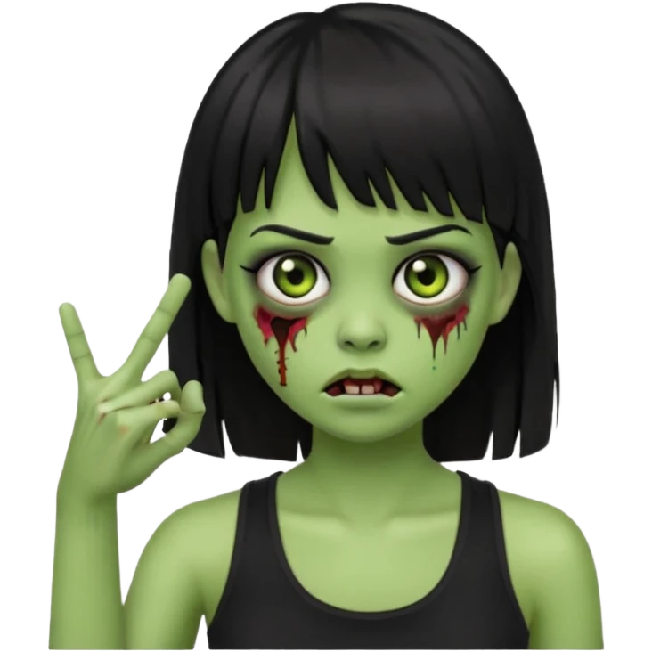 Crie um emoji de zumbi garota do iphone, que tenha o cabelo preto longo, pele levemente esverdeada, de cumprimento no peito, que tenha uma franja no tamanho da sobrancelha, com os olhos escuros e que use uma regata preta emoji