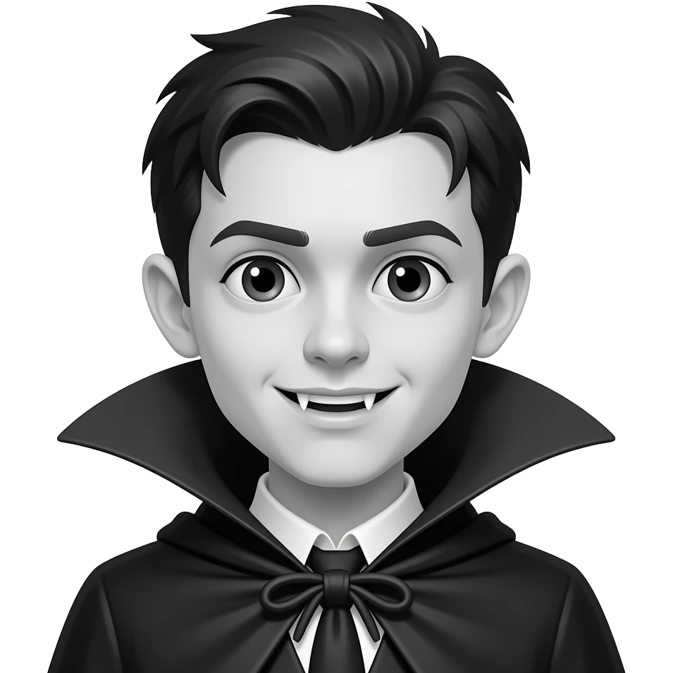 Emoji estilo de un chico vampiro con capa, rostro originalmente pero convertido completamente a escala de grises. Expresión neutral con ojos grandes, colmillos visibles, cabello corto oscuro, capa con cuello alto. emoji