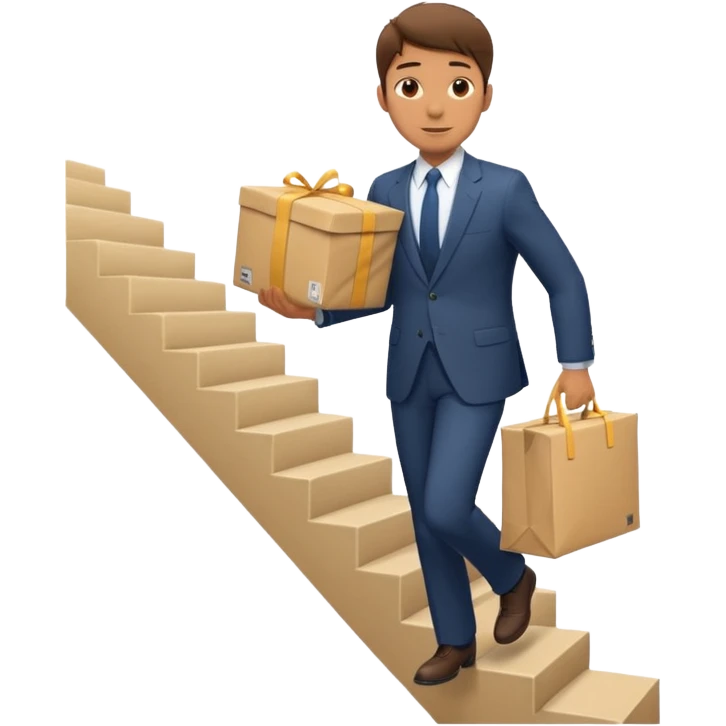 male figure with a large parcel ascending stairs, no text emoji