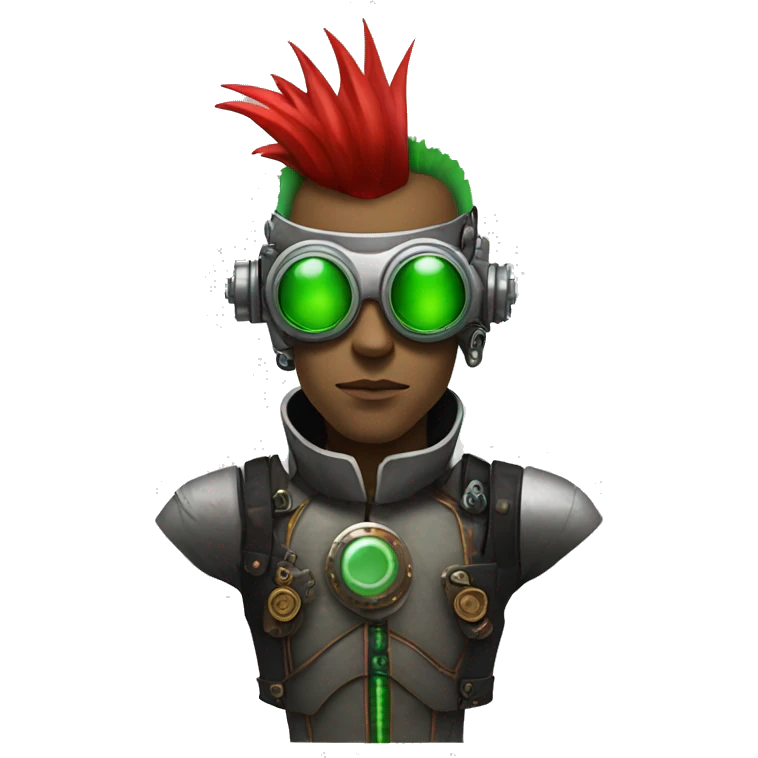 Male cyborg with thin red Mohawk and green steampunk goggles emoji