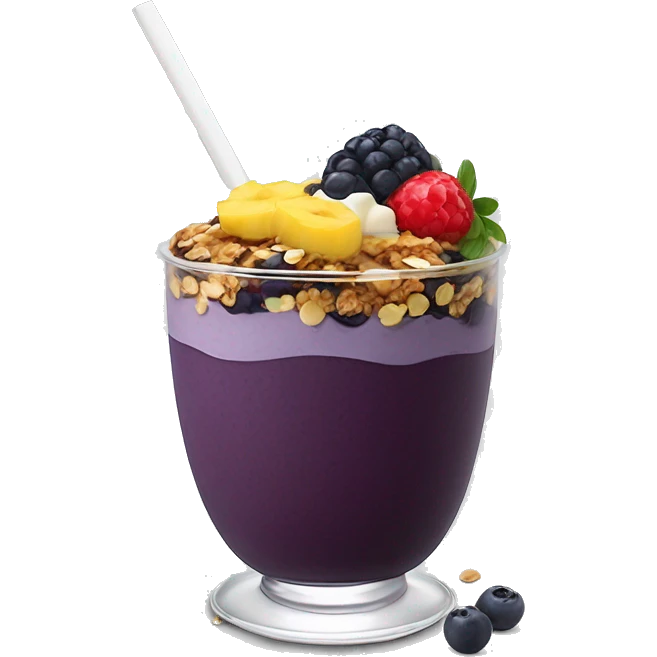 Açaí in a clear cup with layers of fruits and granola and condensed milk emoji