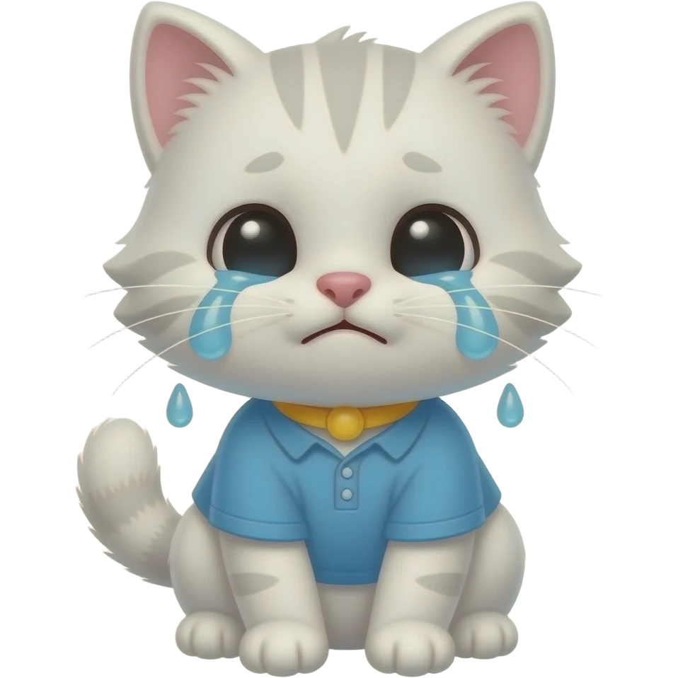 Cartoon baby kitten wearing a blue shirt crying emoji