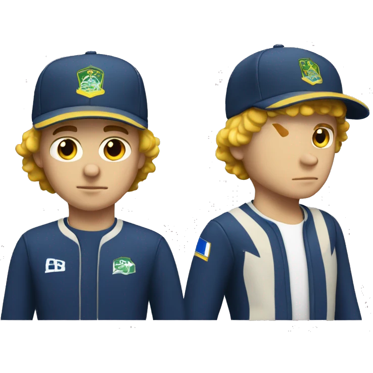 young white guy with small wavy hair brazilian race suit and hat serious emoji