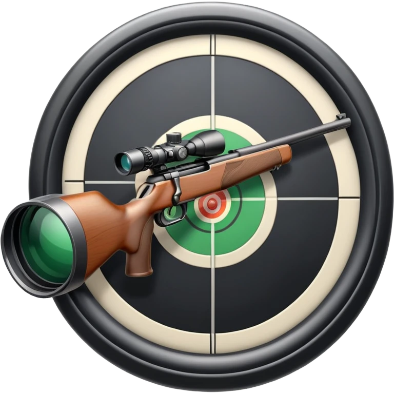 A detailed rifle with a scope, pointing towards a perfectly centered target with concentric rings. The scene highlights the precision and focus required in sports shooting, with no shooter in sight, just the rifle and target in a calm, focused setting. emoji