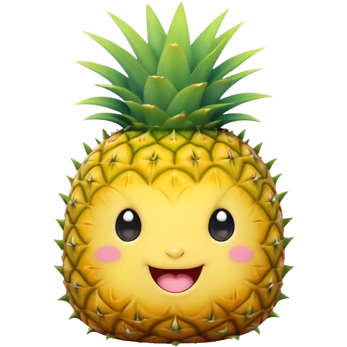 Cute Kawaii Pineapple, tiny and round, bright golden yellow with a spiky green top, chubby cheeks, playful winking expression, soft pastel textures, sweet and tropical vibes! emoji