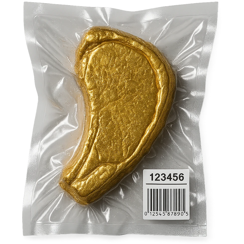 luxurious gold steak, glossy, vacuum-sealed style emoji