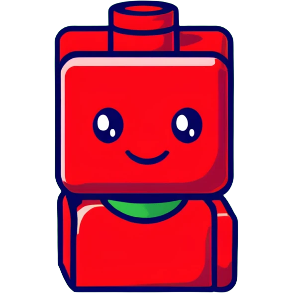 A cartoon red Lego brick with a cute face and rosy cheeks emoji