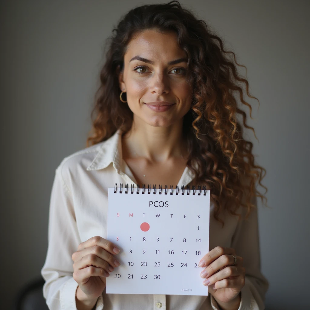Donna con PCOS che tiene in mano un calendario con un segno rosso sul giorno del ciclo, espressione felice e sollevata, ambiente realistico, dettagli iperrealistici 4K, verticale 9:16. emoji