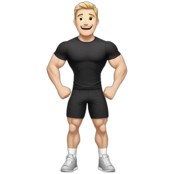 Joyful Celebrating victory Pale skinned Fit Man With the biceps and dark brown hair in black shirt, gray sports shorts and white Sneakers emoji