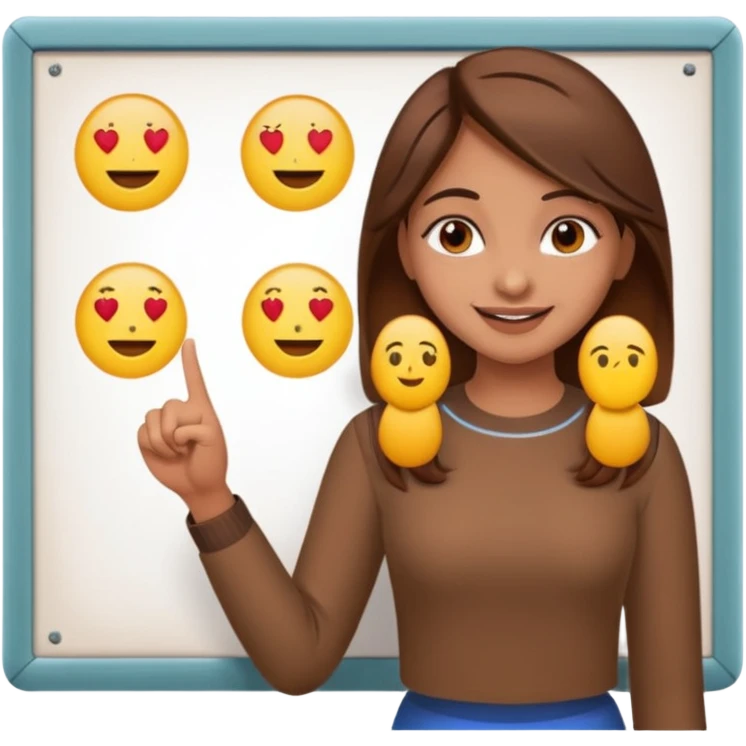 Make an emoji of a Indian origin but fair skinned girl with brown hair who is teaching how to make emojis on a board pointing to the board like a teacher emoji