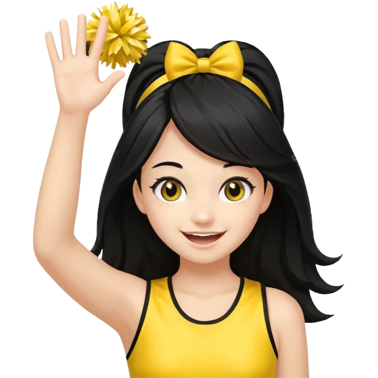 A long black hair teen girl waving pom-poms, eyes sparkling with excitement, yellow cheer leader top emoji