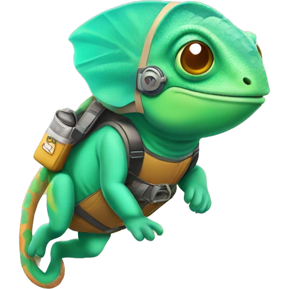 A chameleon flying around with a jetpack emoji