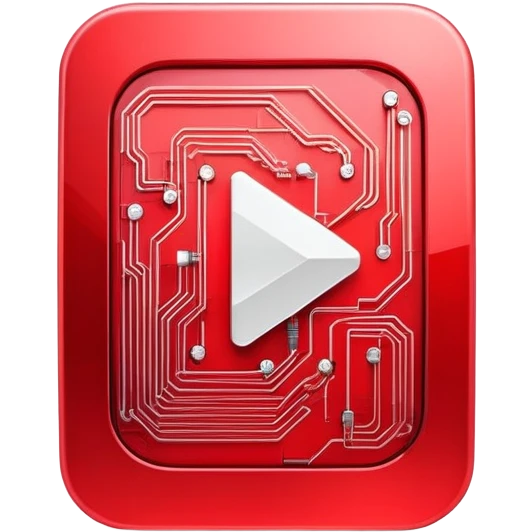A modern icon combining YouTube's play button with circuit patterns, in red gradient, minimalist 3D style, perfect for app icon emoji