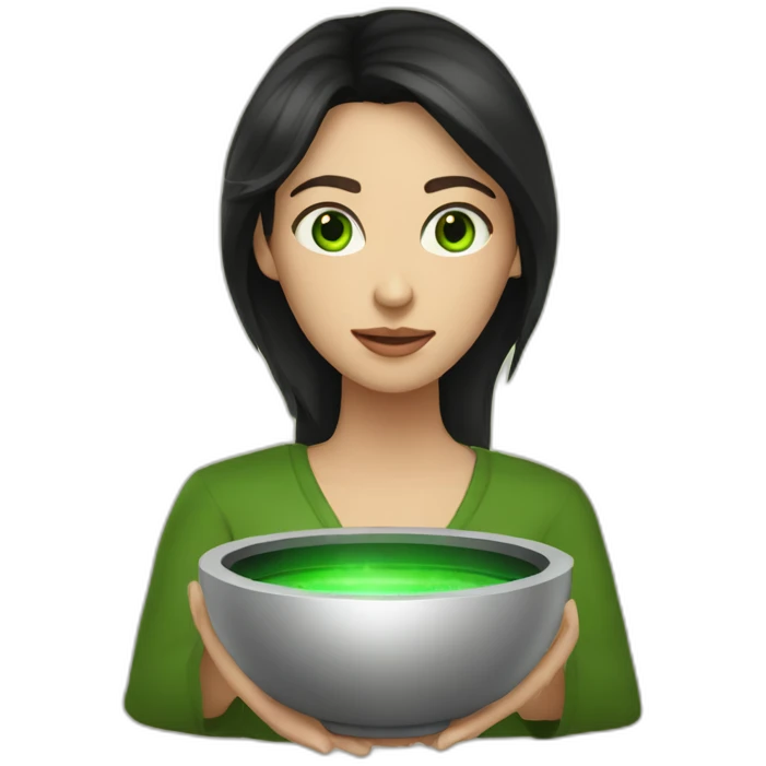 sound bowl healer woman with long dark hair and green eyes emoji