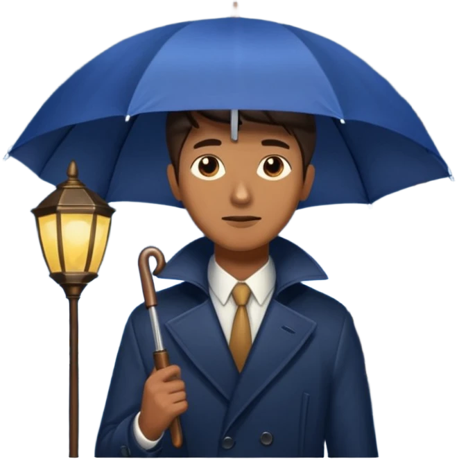 Man with umbrella + streetlight reflection, Midnight Wanderer. emoji