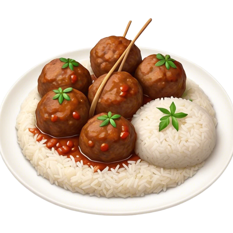 Kofte Cinematic Realistic Kofte Dish Emoji, depicted as spiced meatballs served alongside a portion of fragrant rice, rendered with rich textures and warm, appetizing lighting. emoji
