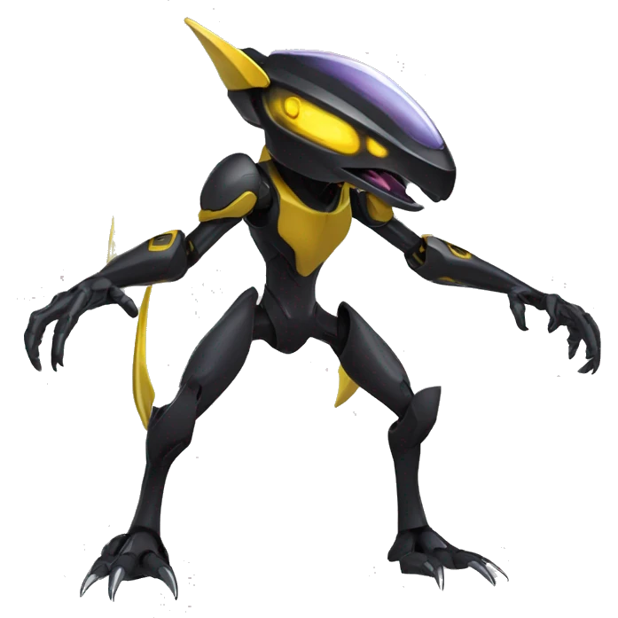 a shiny black-yellow Genesect-Raptor-Fakémon—hybrid with a futuristic visor-helmet full body emoji
