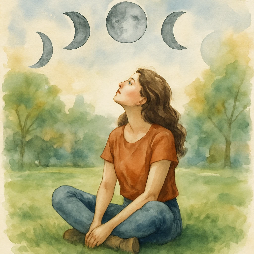 watercolor style of a woman sitting on the grass in a park, looking up, surrounded by the moons of the 4 phases emoji