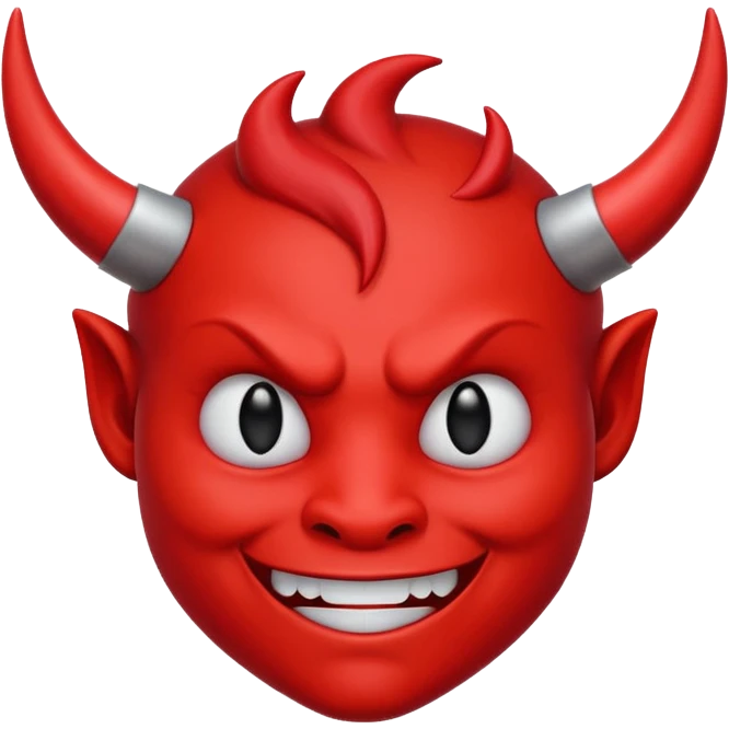 CARTOON STYLE EMOJI of a RED DEVIL FACE with small HORNS pointing up, BLACK EYES, and a MISCHIEVOUS SMILE. The entire face is RED with a smooth glossy texture. BACKGROUND is PURE WHITE, clean and simple. emoji