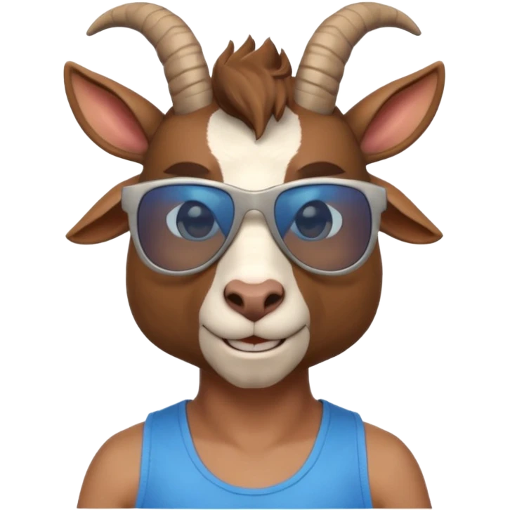 3D cartoon goat man portrait, head and shoulders, brown fur, small horns, blue reflective sunglasses, slight smile, tank top, soft lighting, centered, clean background, no text, no watermark
 emoji