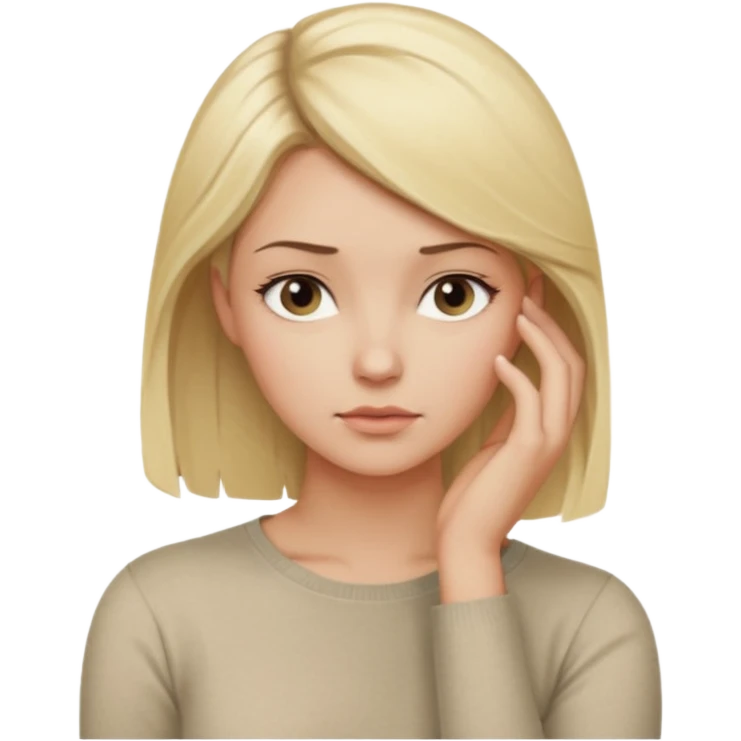 Cewe blonde yang lagi overthingking lalu ada satu tangannya memgang kepala keliatan setengah badan tanganya kosong dan satu aja mukanya banyak pikiran emoji