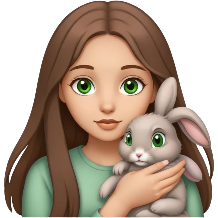 A grey, floppy eared bunny being held by a girl with long brown hair and green eyes. emoji
