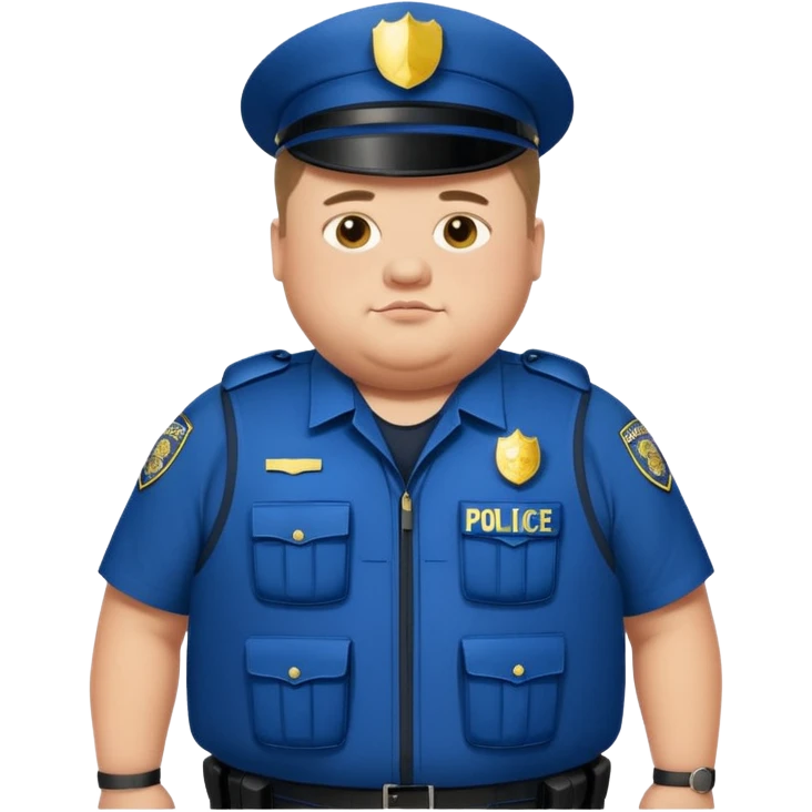 A fat police man with Down syndrome, with a armor vest that has a name tape that says Keller emoji