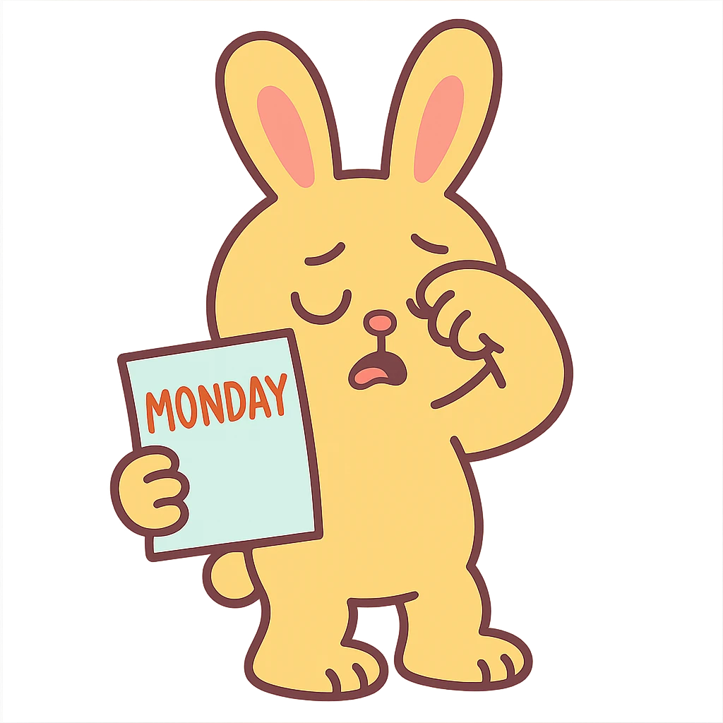 yellow bunny holding Monday memo while rubbing eyes, pastel toon style, soft colors emoji