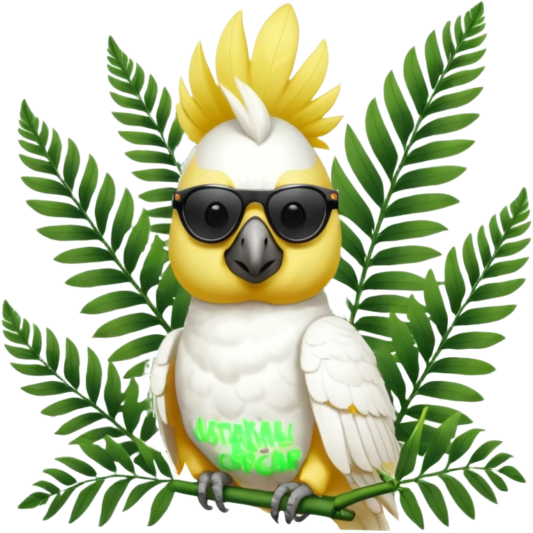sulfer crested cockatoo wearing sunglasses sitting in a green fern tree with an australian street sign saying 'cockatoo' emoji