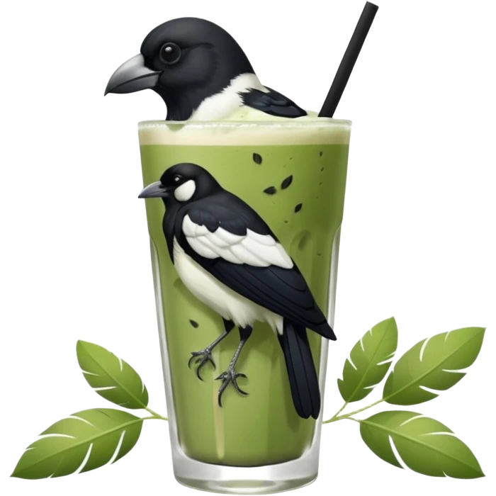 It’s an Australien Magpie (just black and white feathers) sitting on an iced matcha latte on the edge of the glass. It has green matcha on its beak indicating it drank. The iced matxha latte is in a see through glass and white from the oat milk on the bottom and green on top… one straw and ice cubes emoji