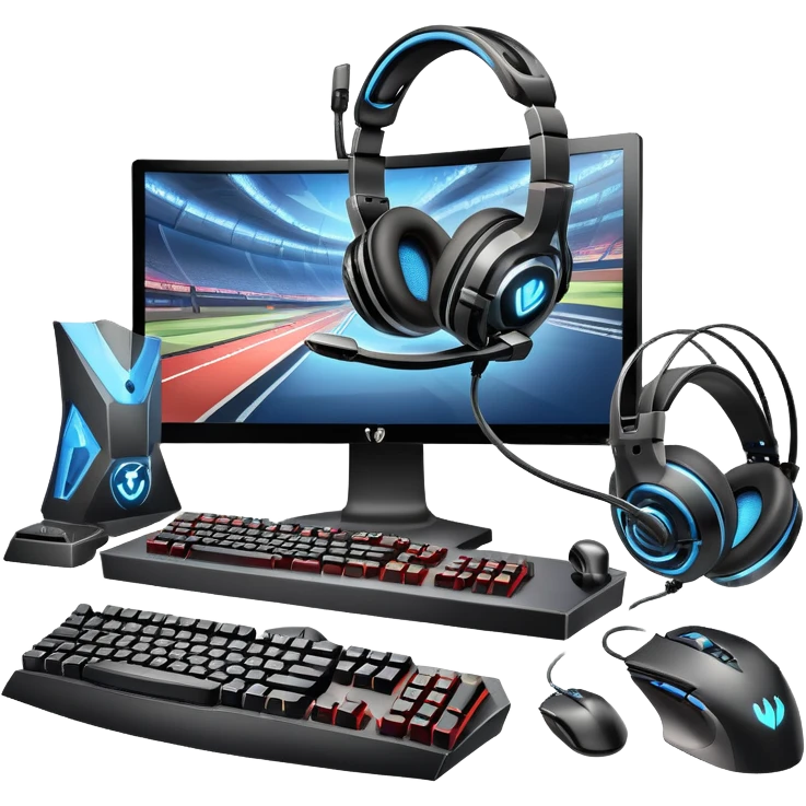 An icon featuring a gaming setup with a high-tech monitor displaying a competitive game, a keyboard, and a gaming mouse. The design includes a headset and a trophy, symbolizing victory and skill in esports. Transparent background highlights the energy and precision of professional gaming. emoji